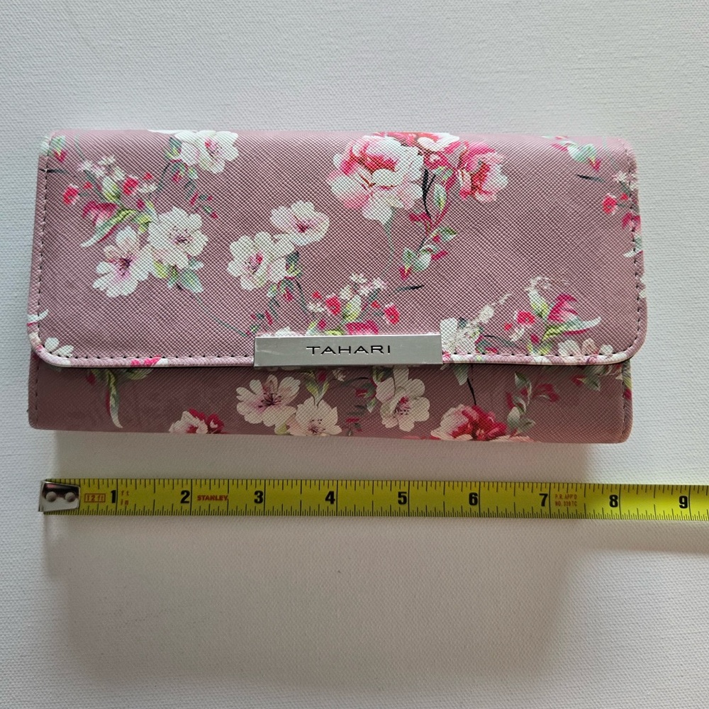 Tahari Pink Floral Print Wallet Clutch Snap Closure Saffiano Style - Picture 6 of 9